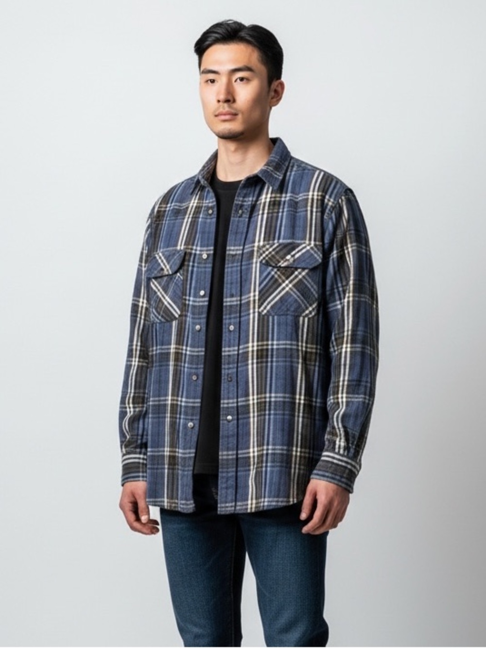 Vintage 90s Sears Fieldmaster Heavy Cotton Flannel Shirt‎ Navy Brown Plaid Large